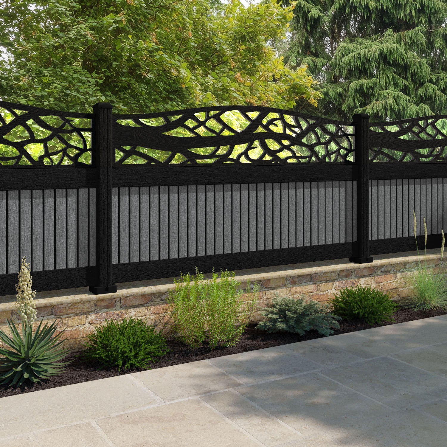 Virtis Twilight Curved Top Fence Panel - Mid Grey - with our composite posts