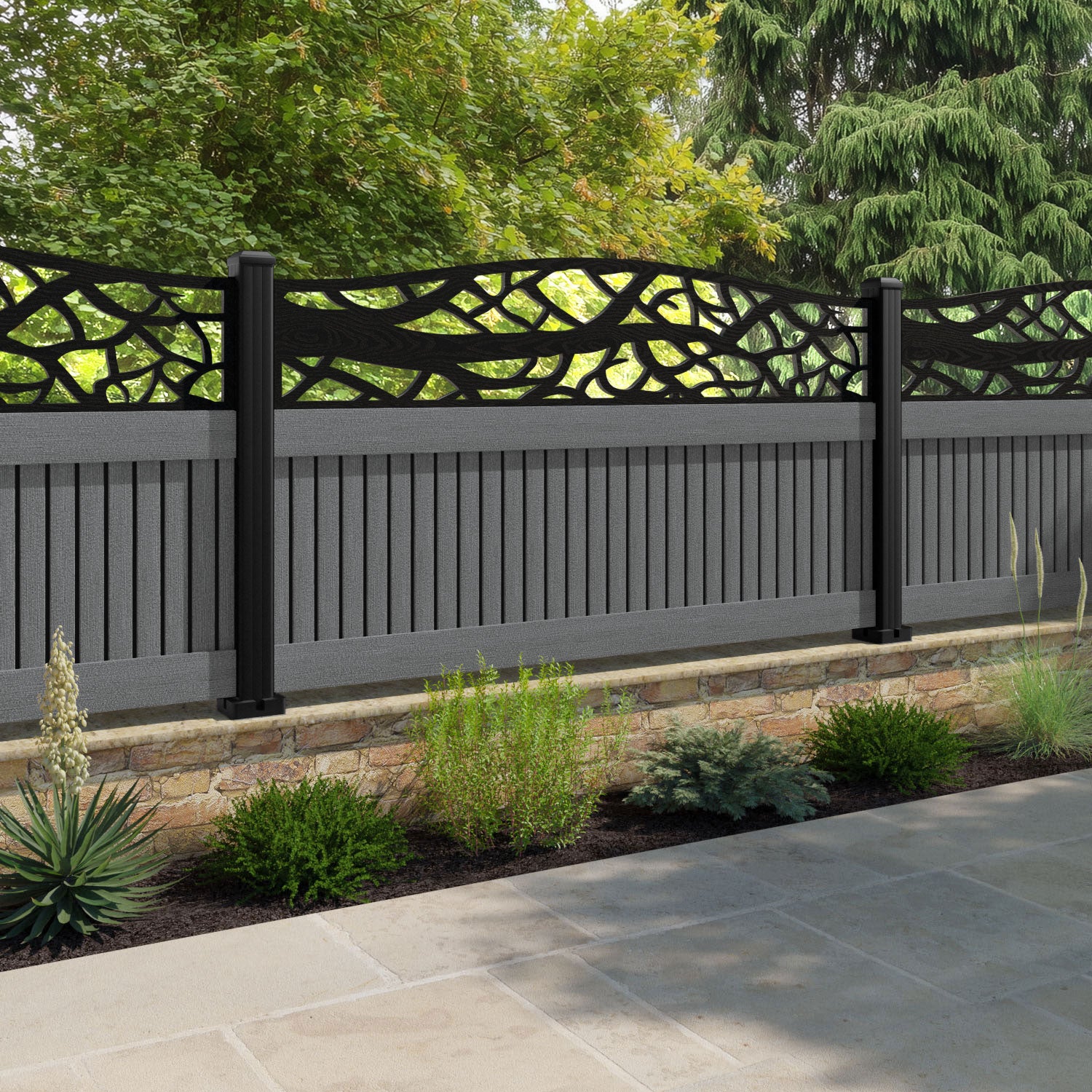 Virtis Twilight Curved Top Fence Panel - Mid Grey - with our composite posts