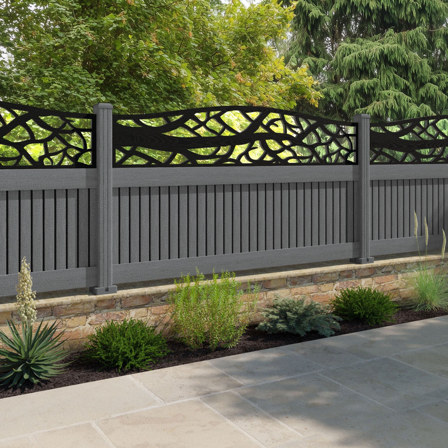 Virtis Twilight Curved Top Fence Panel - Mid Grey - with our composite posts