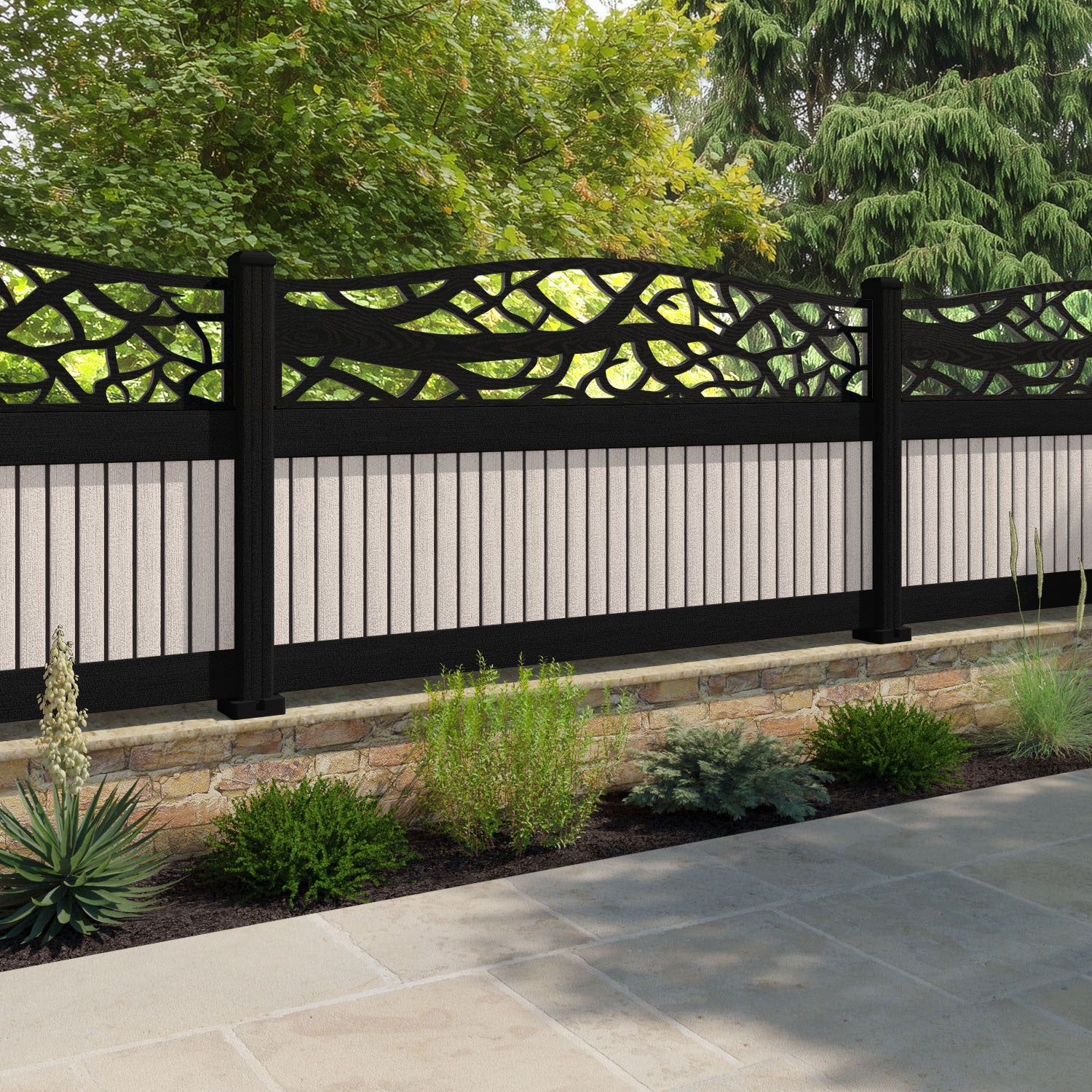 Virtis Twilight Curved Top Fence Panel - Mid Stone - with our composite posts