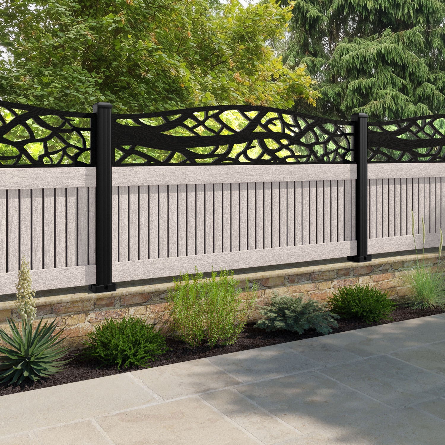 Virtis Twilight Curved Top Fence Panel - Mid Stone - with our composite posts