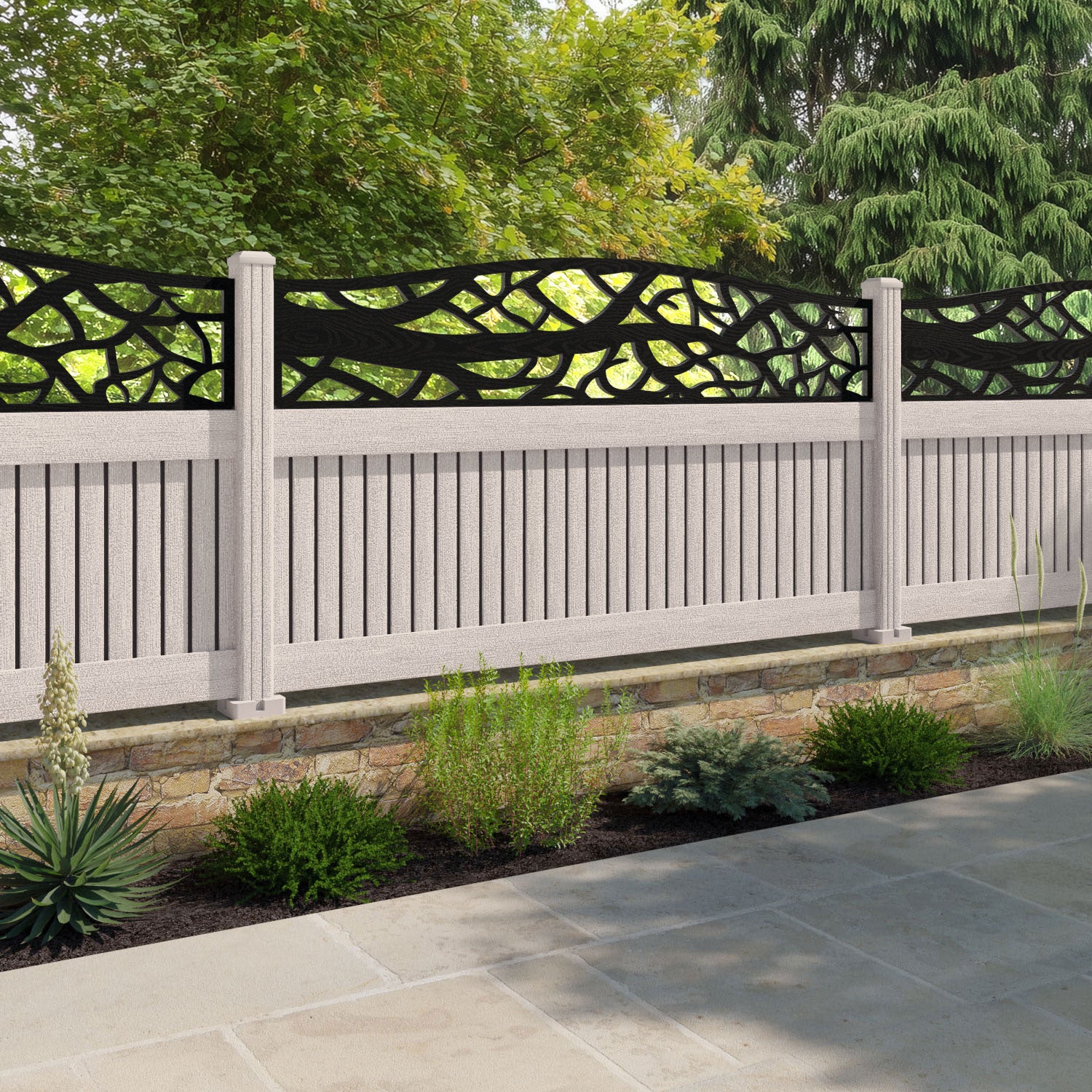 Virtis Twilight Curved Top Fence Panel - Mid Stone - with our composite posts
