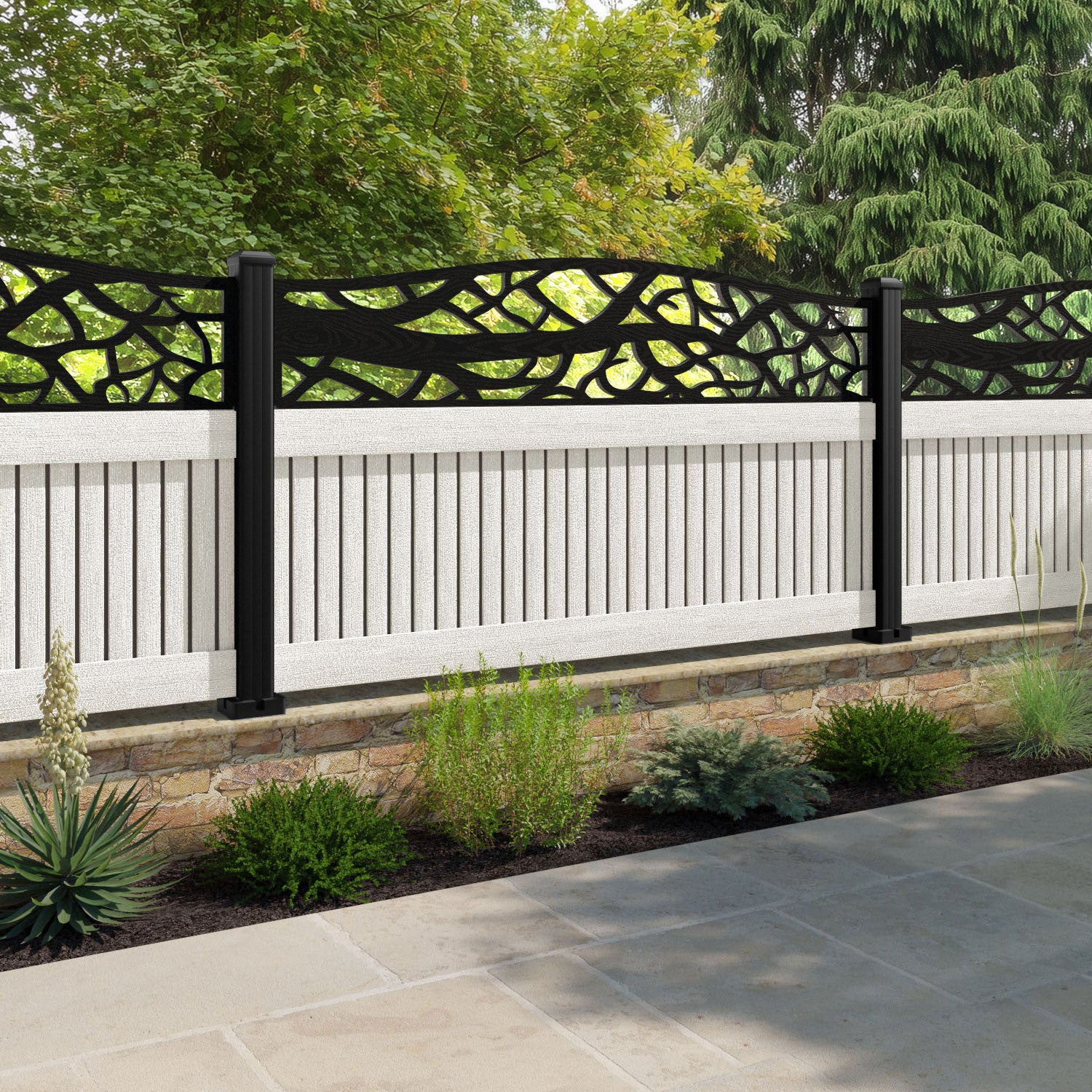 Virtis Twilight Curved Top Fence Panel - Light Stone - with our aluminium posts