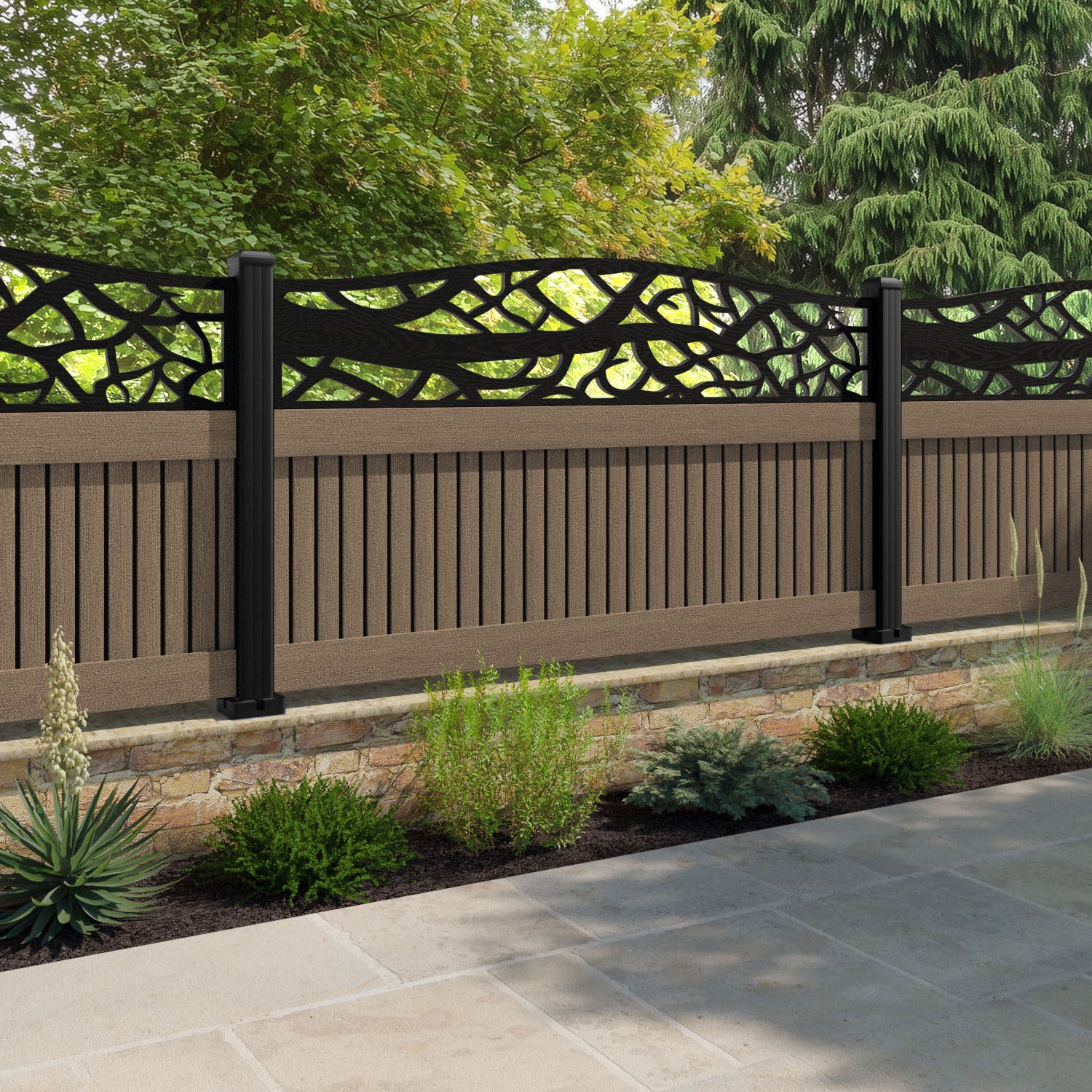 Virtis Twilight Curved Top Fence Panel - Teak - with our composite posts