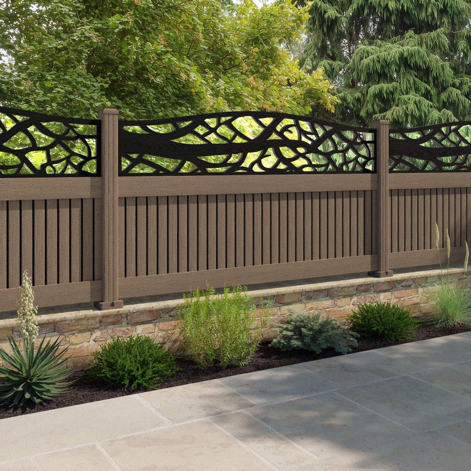 Virtis Twilight Curved Top Fence Panel - Teak - with our composite posts