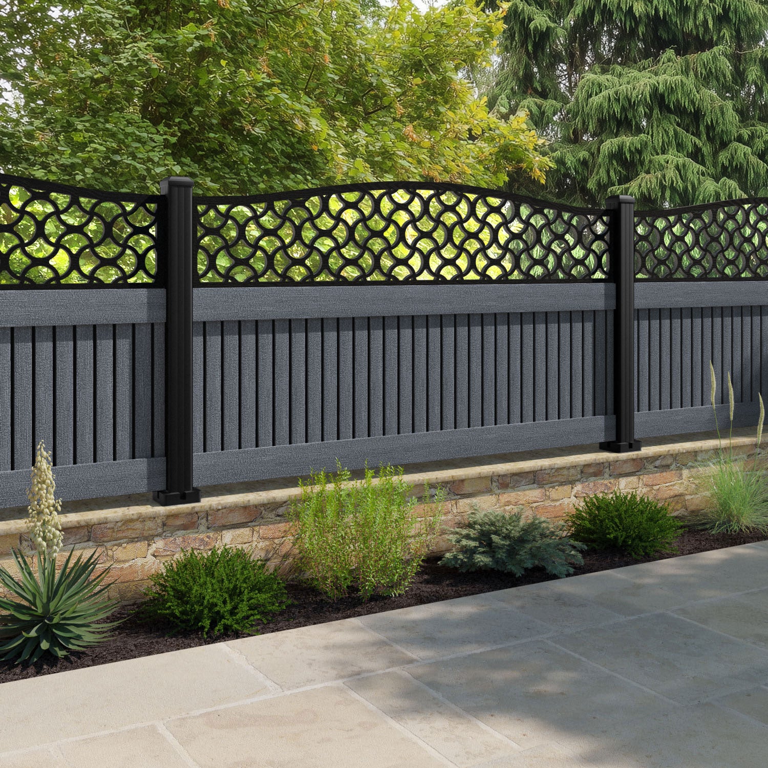 Virtis Vida Curved Top Fence Panel - Anthracite - with our composite posts