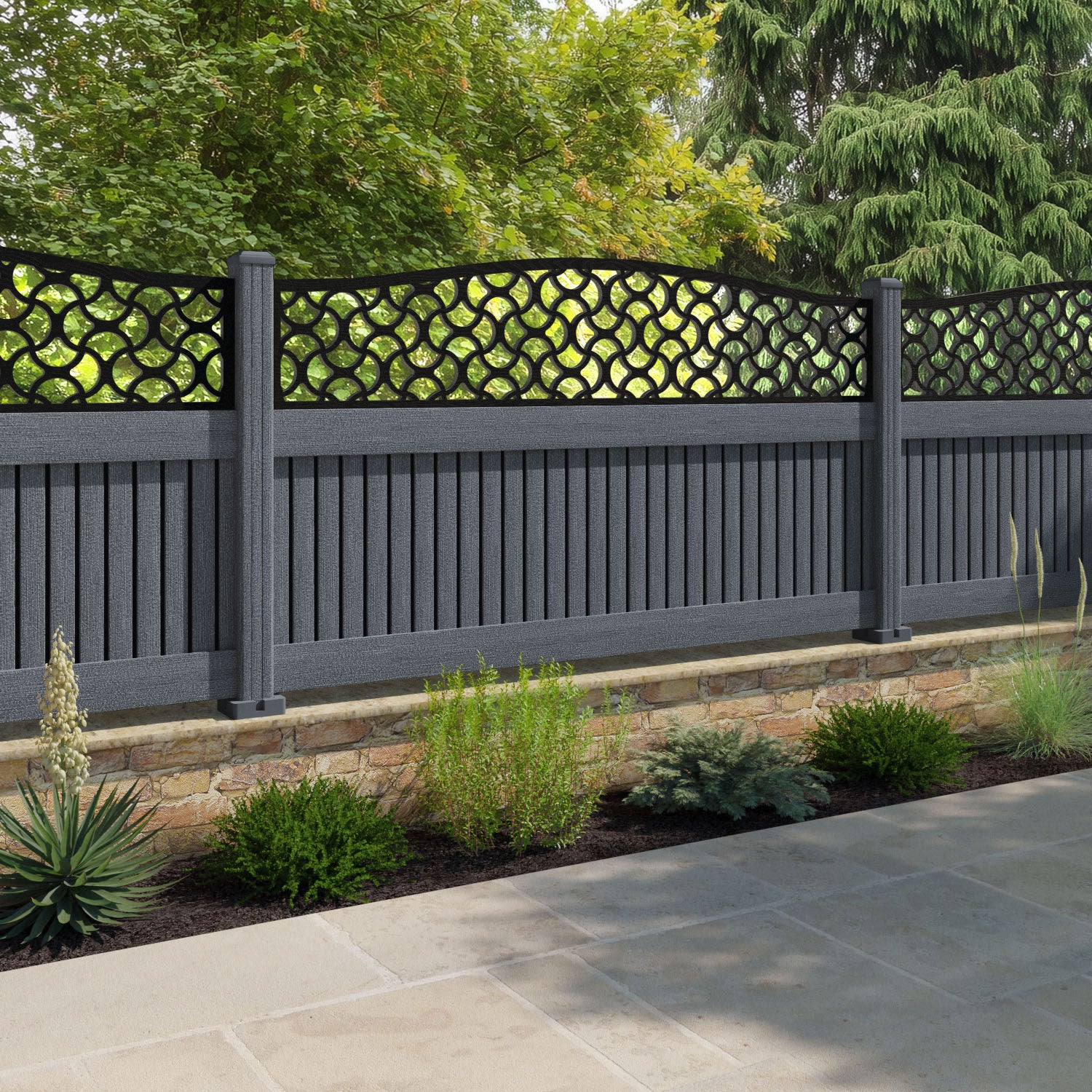 Virtis Vida Curved Top Fence Panel - Anthracite - with our composite posts