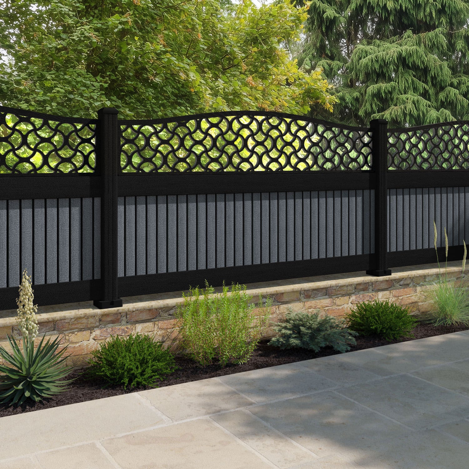 Virtis Vida Curved Top Fence Panel - Anthracite - with our composite posts