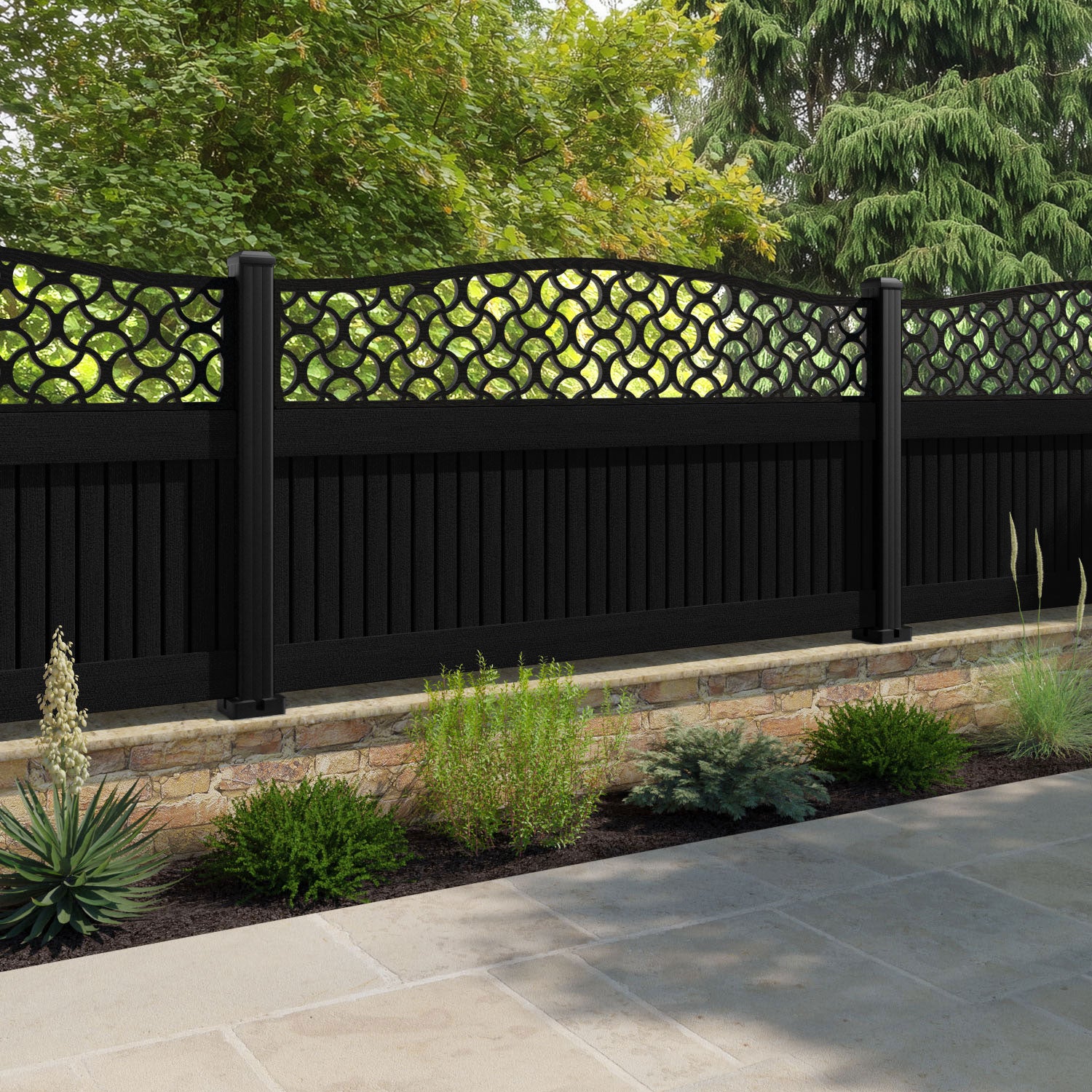 Virtis Vida Curved Top Fence Panel - Black - with our aluminium posts
