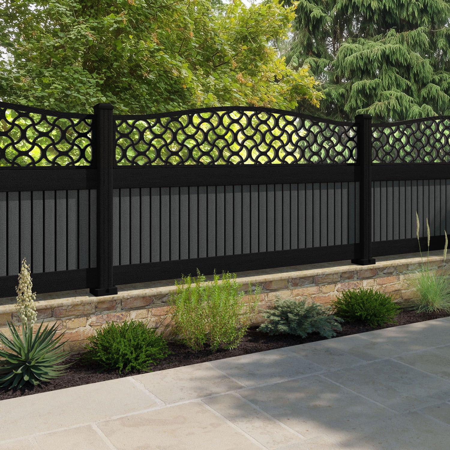 Virtis Vida Curved Top Fence Panel - Dark Grey - with our aluminium posts