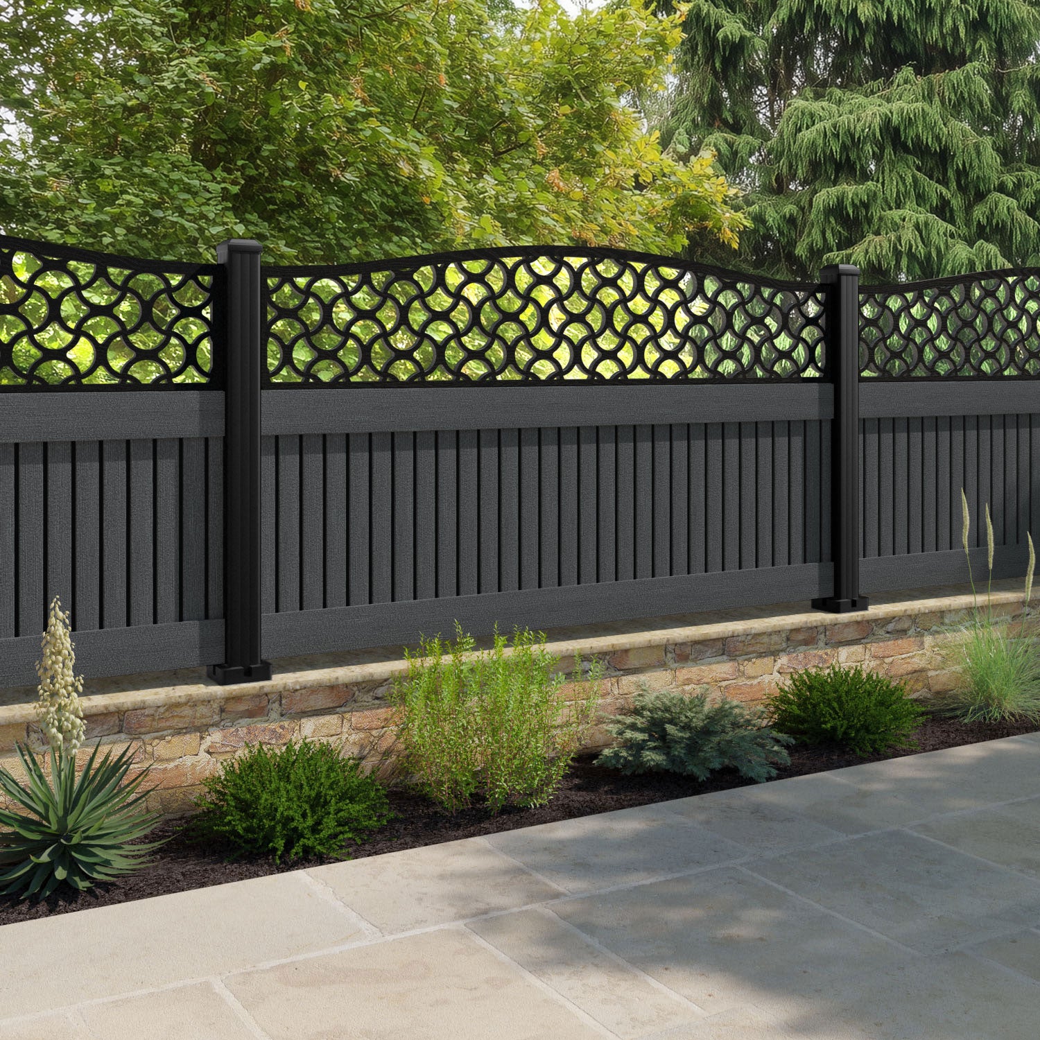 Virtis Vida Curved Top Fence Panel - Dark Grey - with our aluminium posts