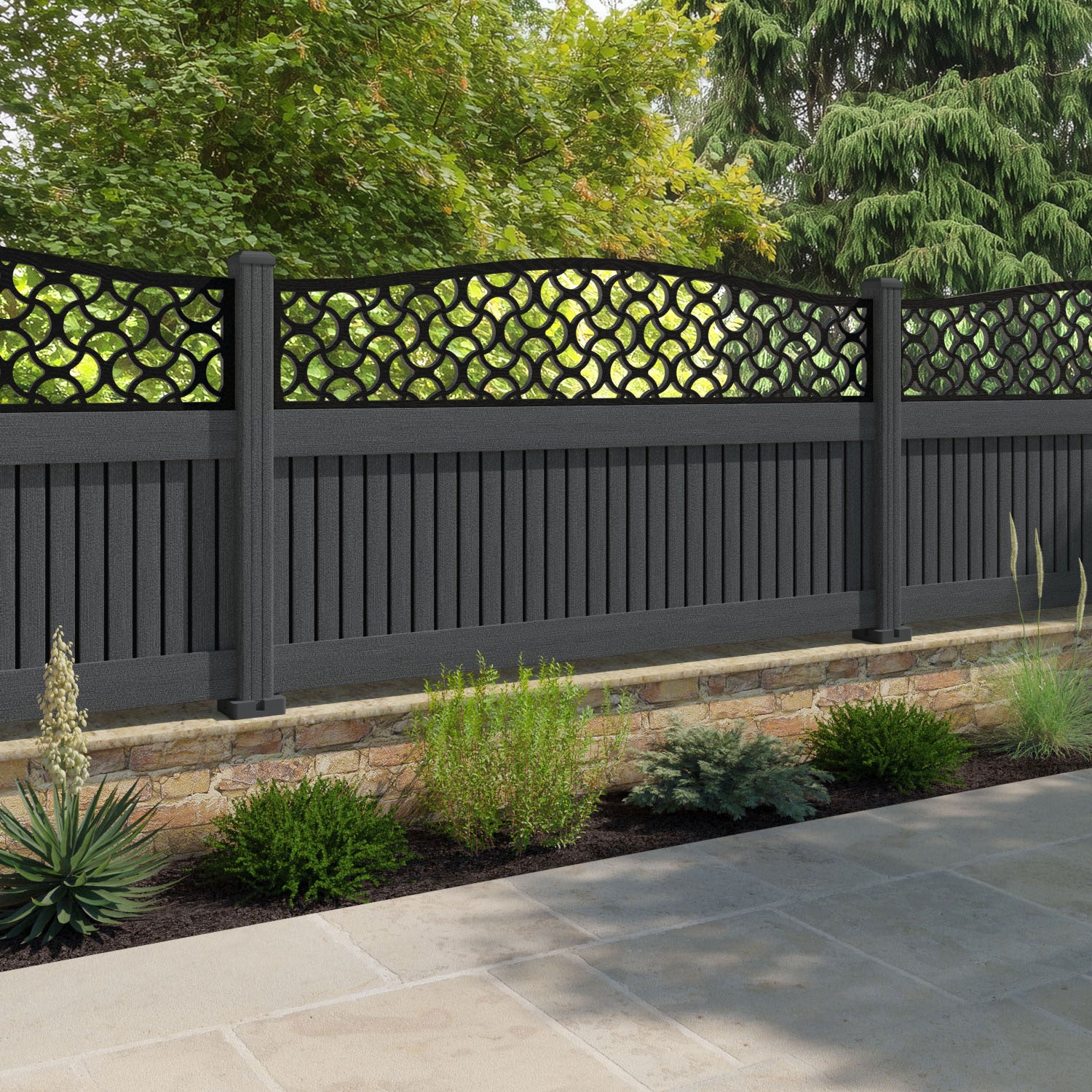 Virtis Vida Curved Top Fence Panel - Dark Grey - with our composite posts