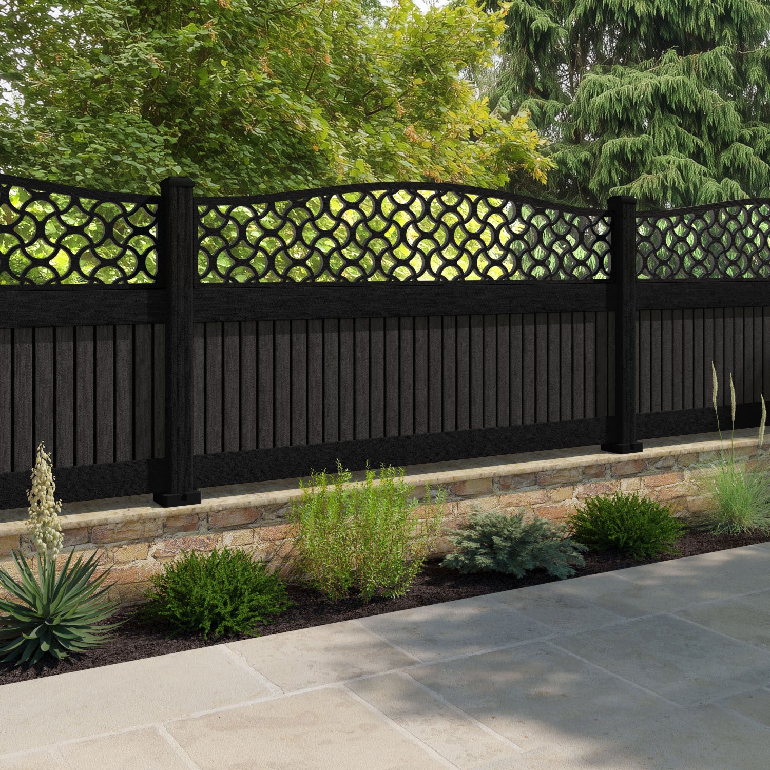 Virtis Vida Curved Top Fence Panel - Dark Oak - with our aluminium posts