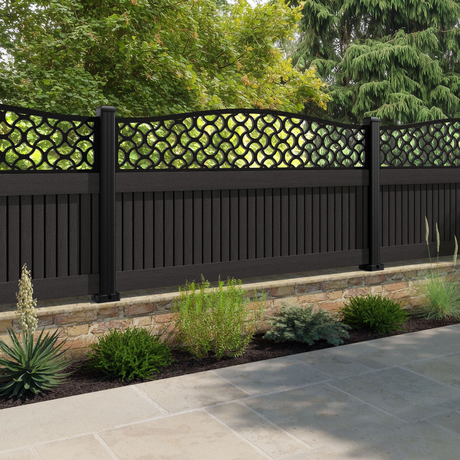 Virtis Vida Curved Top Fence Panel - Dark Oak - with our composite posts