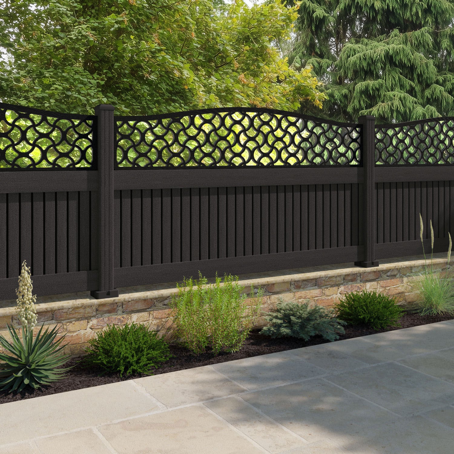 Virtis Vida Curved Top Fence Panel - Dark Oak - with our composite posts