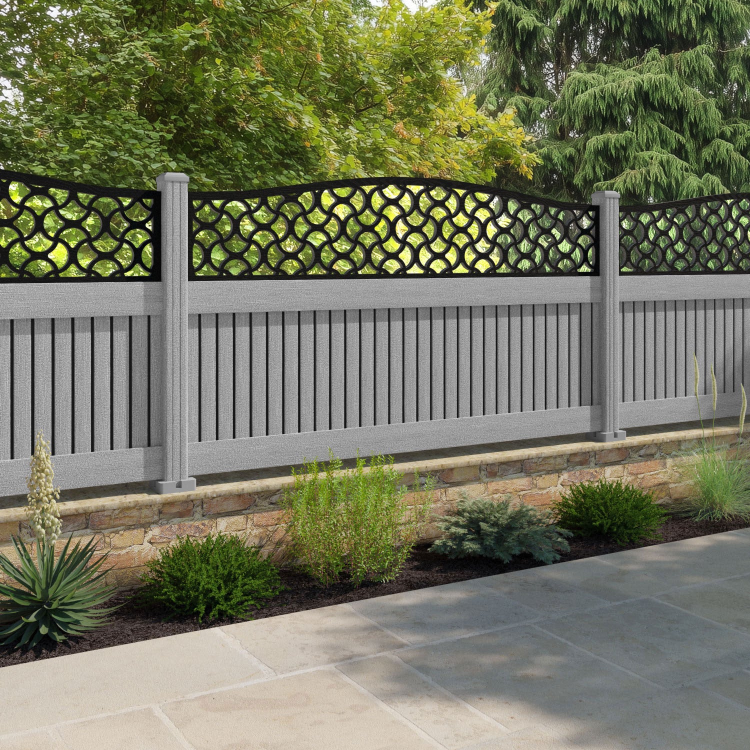 Virtis Vida Curved Top Fence Panel - Light Grey - with our composite posts