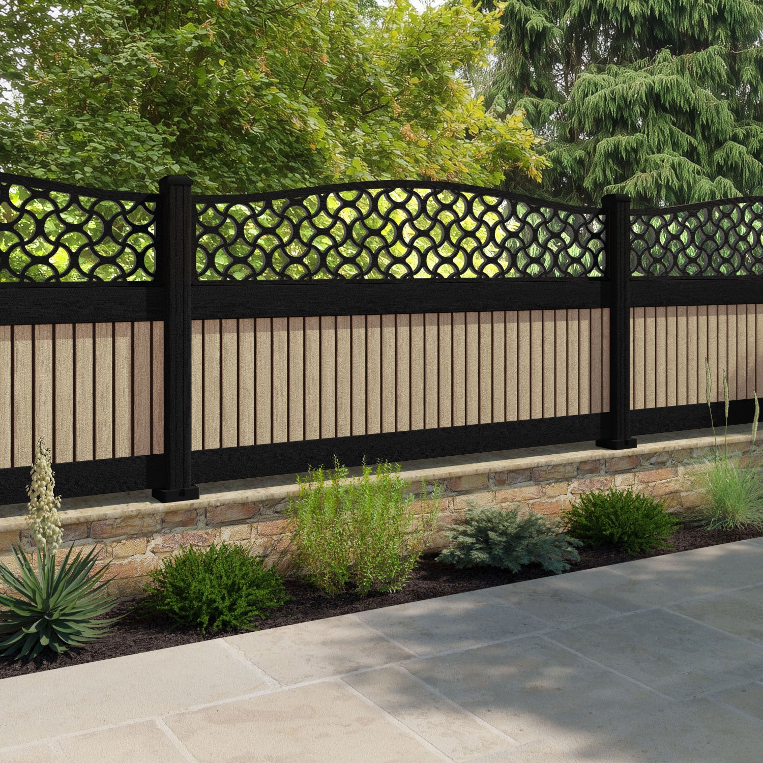 Virtis Vida Curved Top Fence Panel - Light Oak - with our composite posts