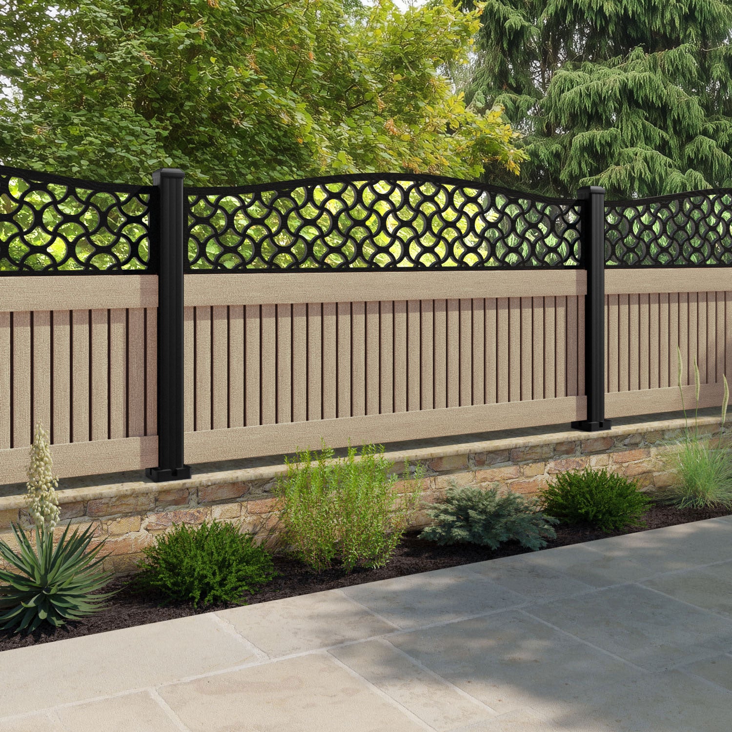 Virtis Vida Curved Top Fence Panel - Light Oak - with our composite posts