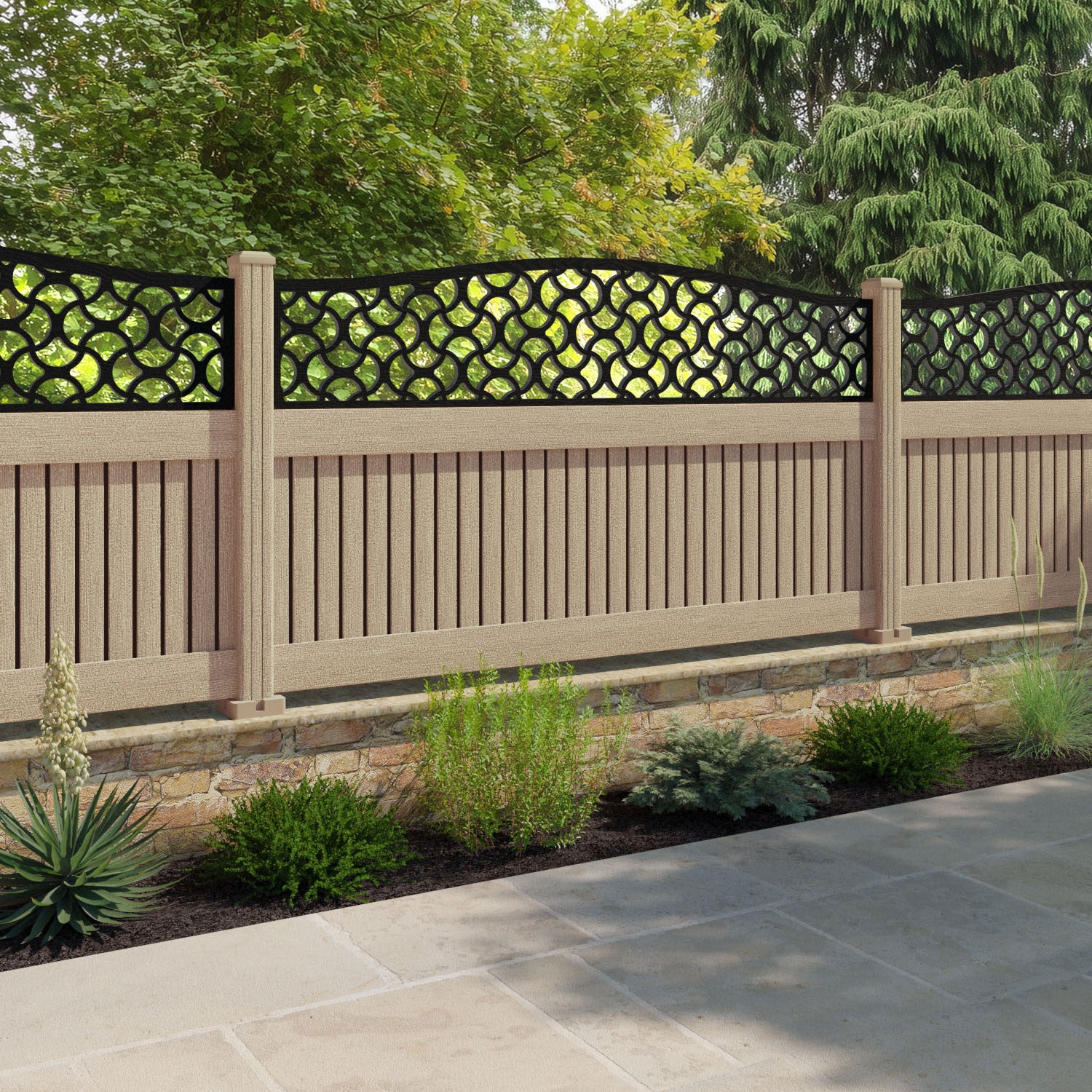 Virtis Vida Curved Top Fence Panel - Light Oak - with our composite posts