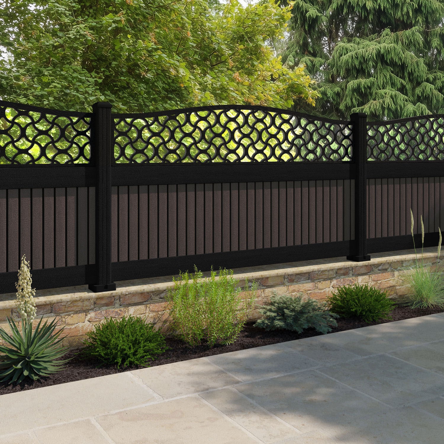 Virtis Vida Curved Top Fence Panel - Mid Brown - with our aluminium posts