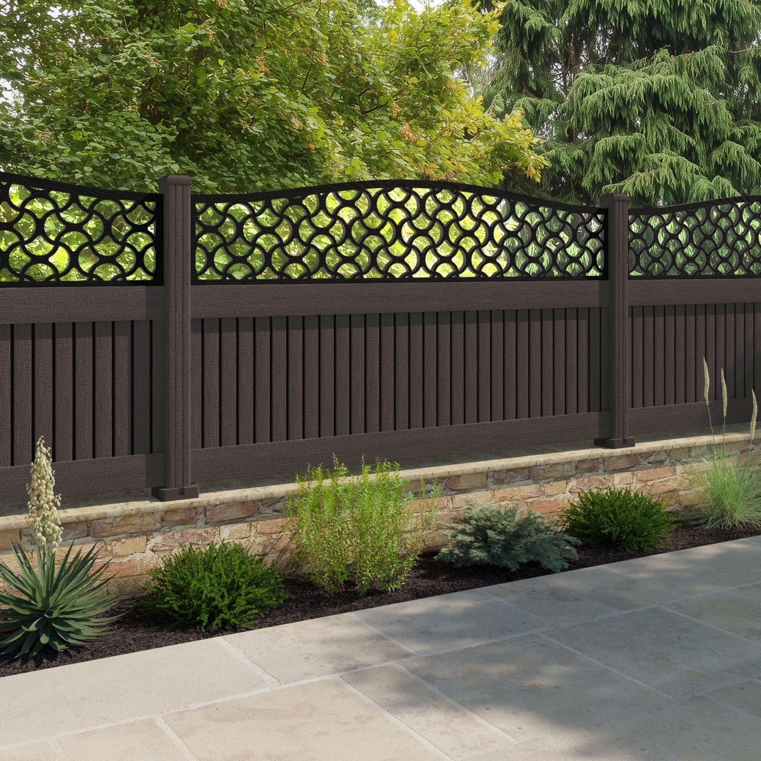 Virtis Vida Curved Top Fence Panel - Mid Brown - with our composite posts