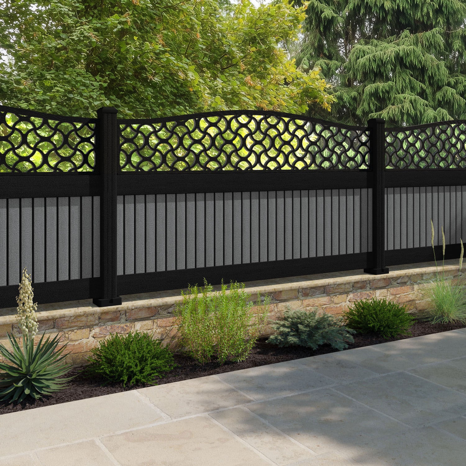 Virtis Vida Curved Top Fence Panel - Mid Grey - with our composite posts