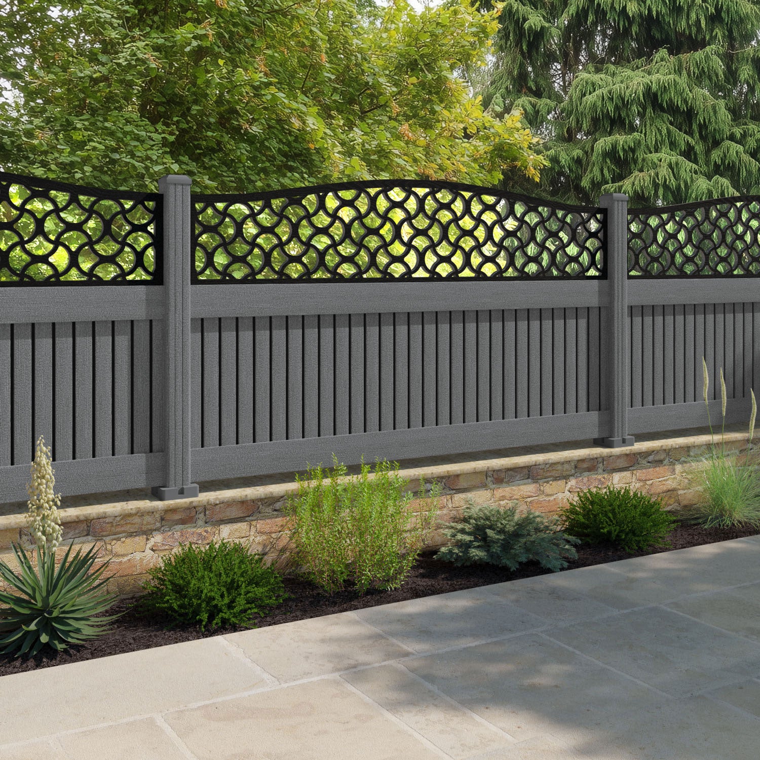 Virtis Vida Curved Top Fence Panel - Mid Grey - with our composite posts