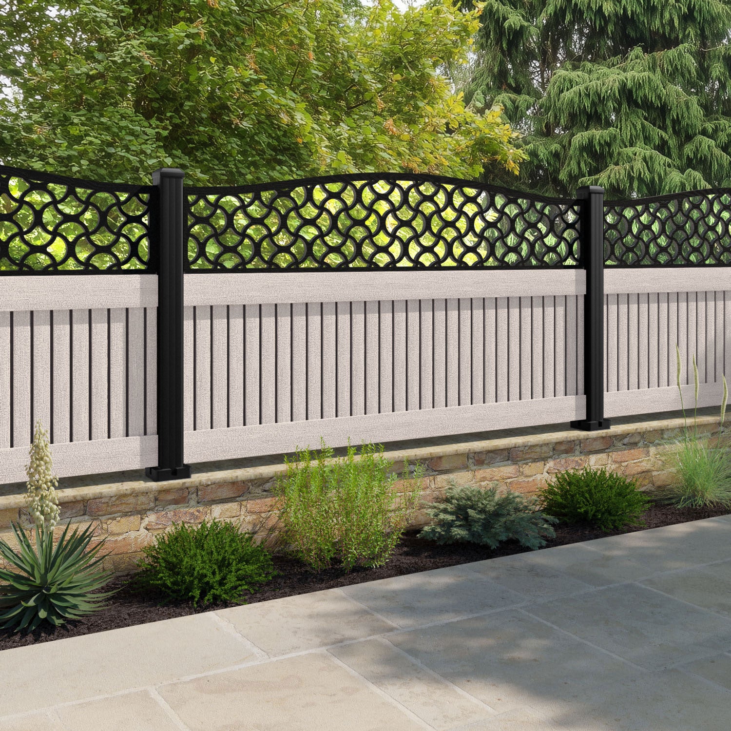 Virtis Vida Curved Top Fence Panel - Mid Stone - with our composite posts