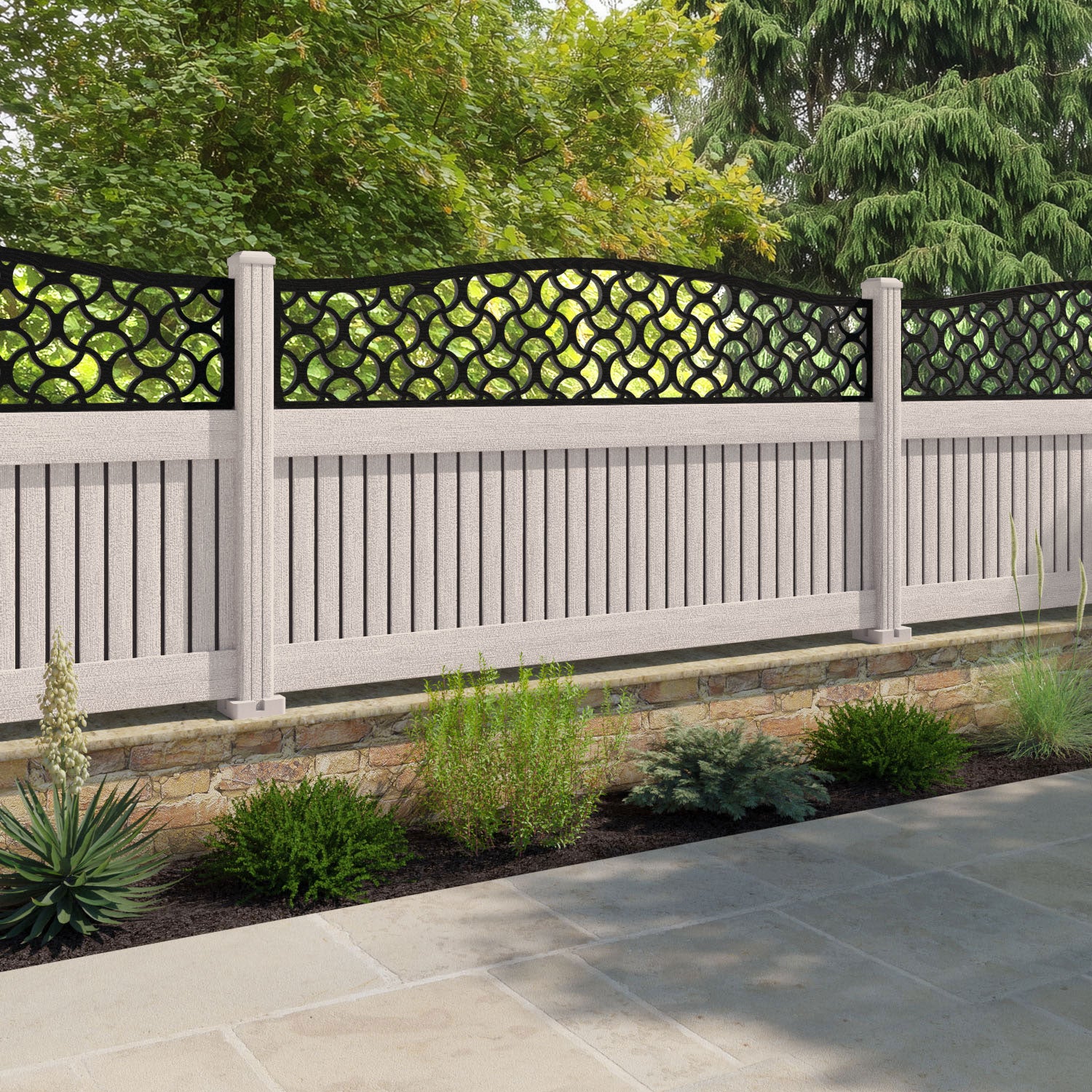 Virtis Vida Curved Top Fence Panel - Mid Stone - with our composite posts