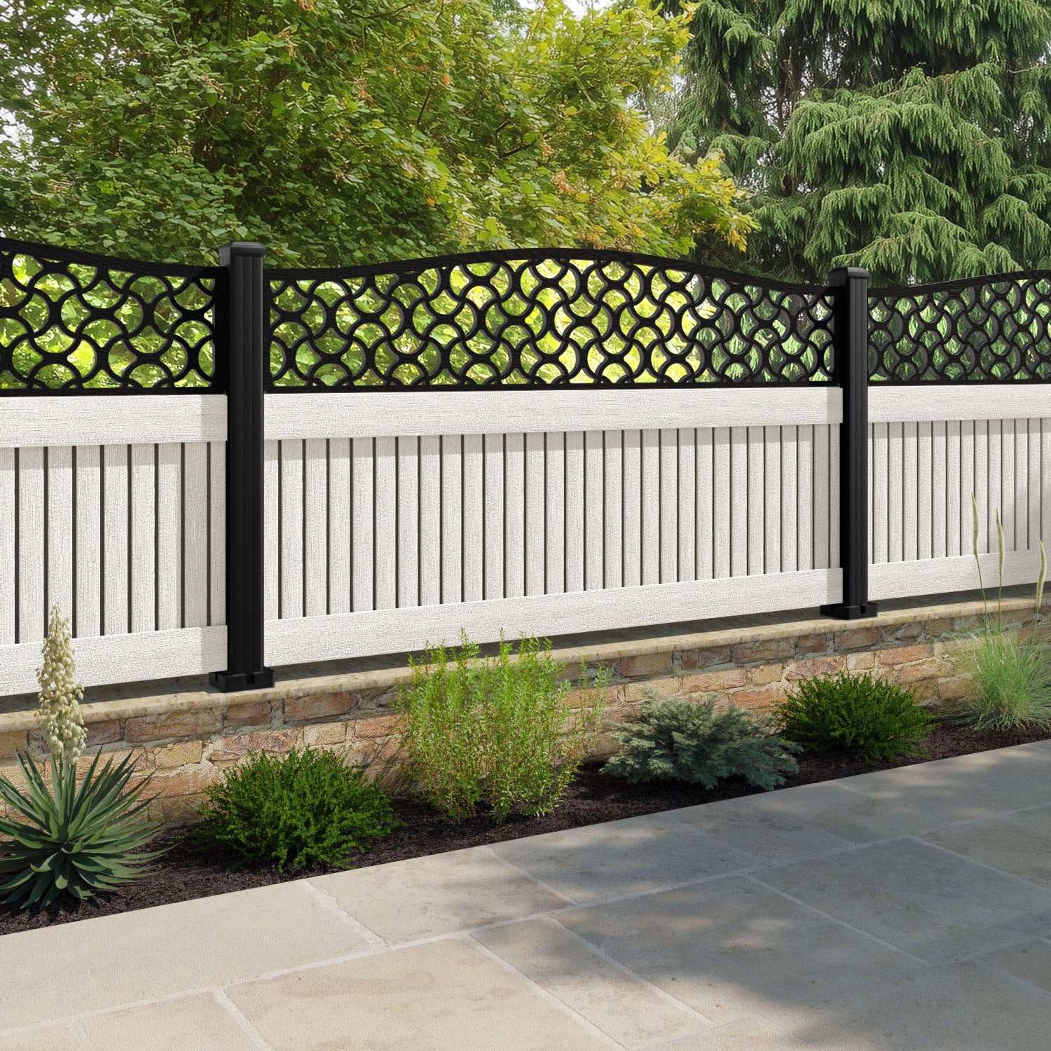 Virtis Vida Curved Top Fence Panel - Light Stone - with our aluminium posts