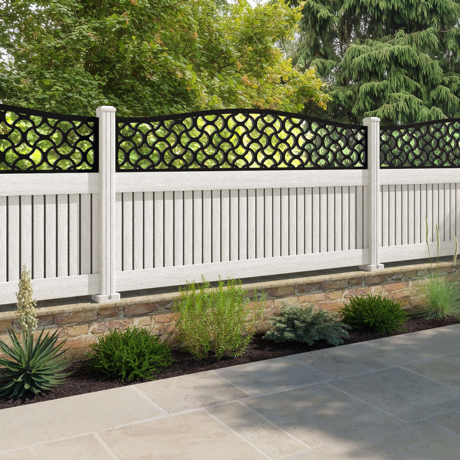 Virtis Vida Curved Top Fence Panel - Light Stone - with our composite posts