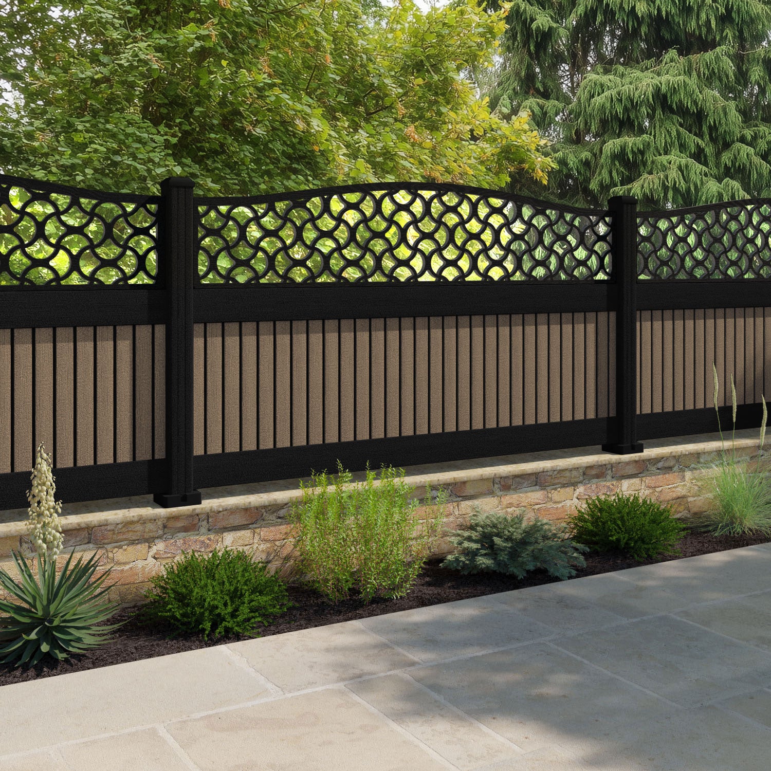 Virtis Vida Curved Top Fence Panel - Teak - with our composite posts