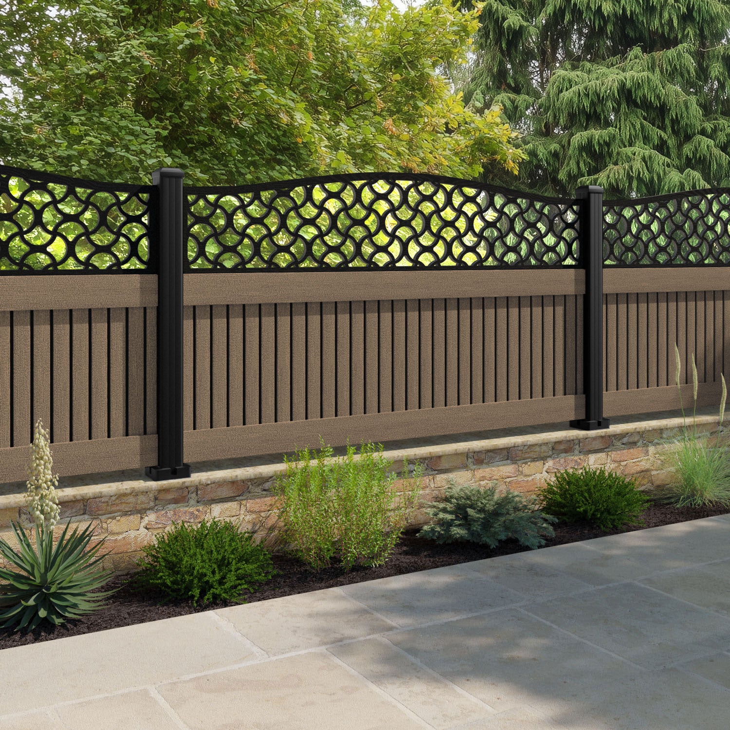 Virtis Vida Curved Top Fence Panel - Teak - with our aluminium posts