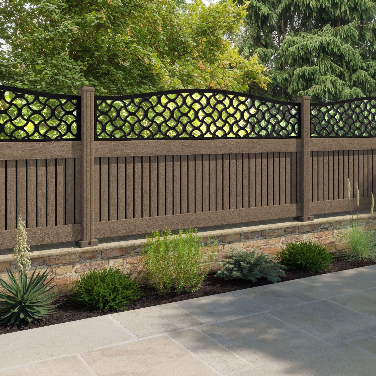 Virtis Vida Curved Top Fence Panel - Teak - with our composite posts