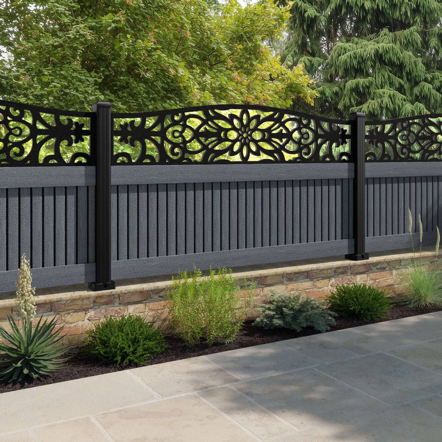 Virtis Windsor Curved Top Fence Panel - Anthracite - with our composite posts