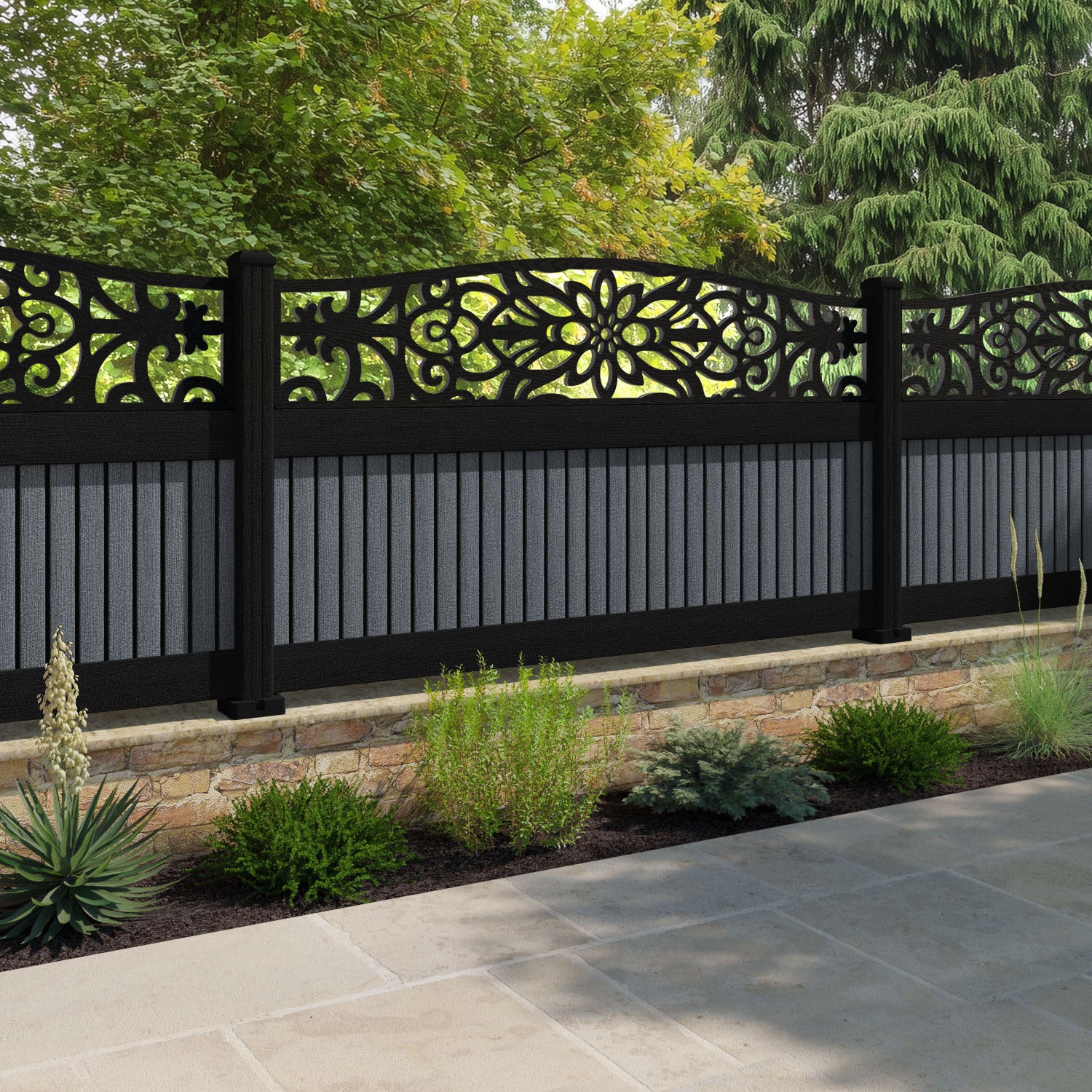Virtis Windsor Curved Top Fence Panel - Anthracite - with our aluminium posts