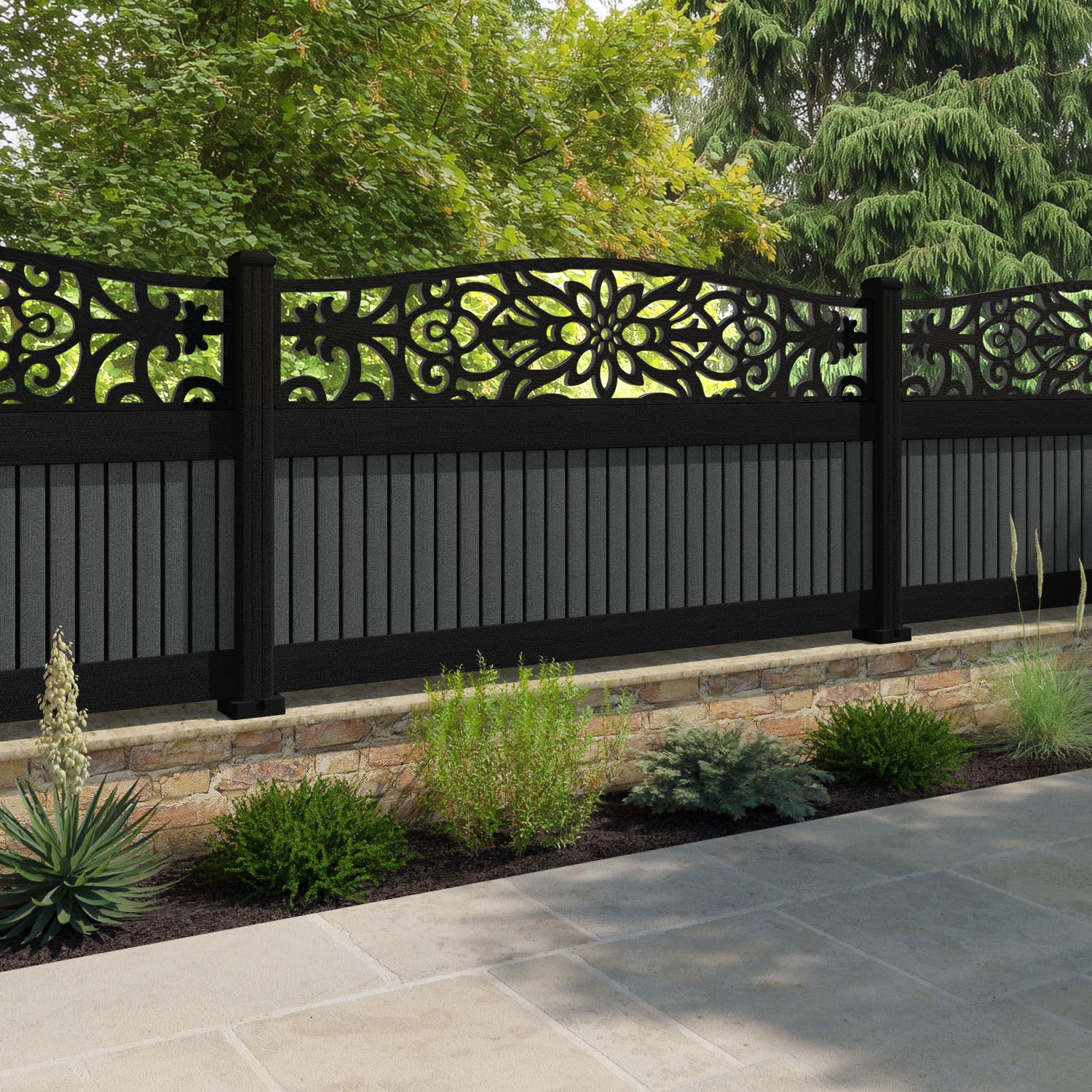Virtis Windsor Curved Top Fence Panel - Dark Grey - with our composite posts
