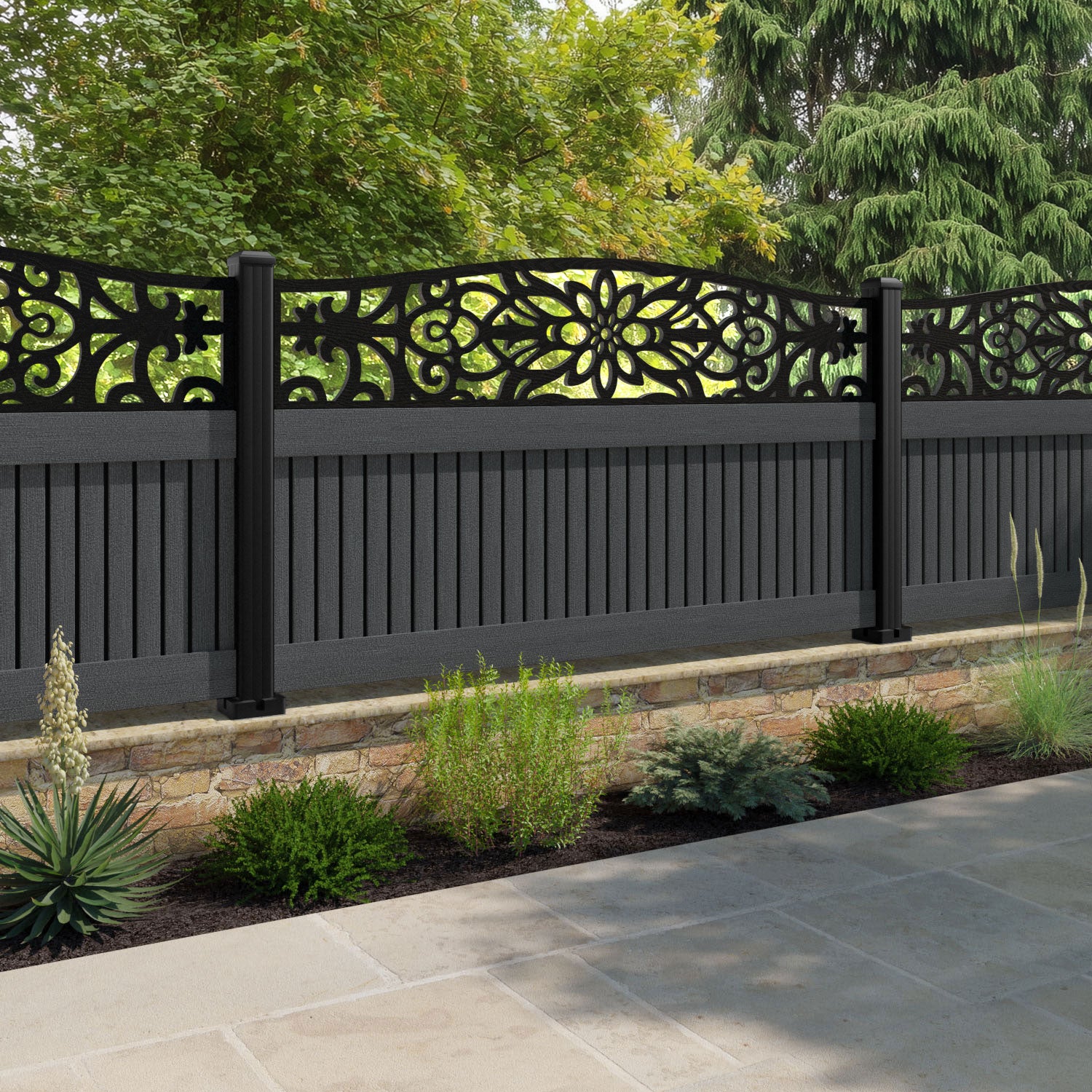 Virtis Windsor Curved Top Fence Panel - Dark Grey - with our composite posts