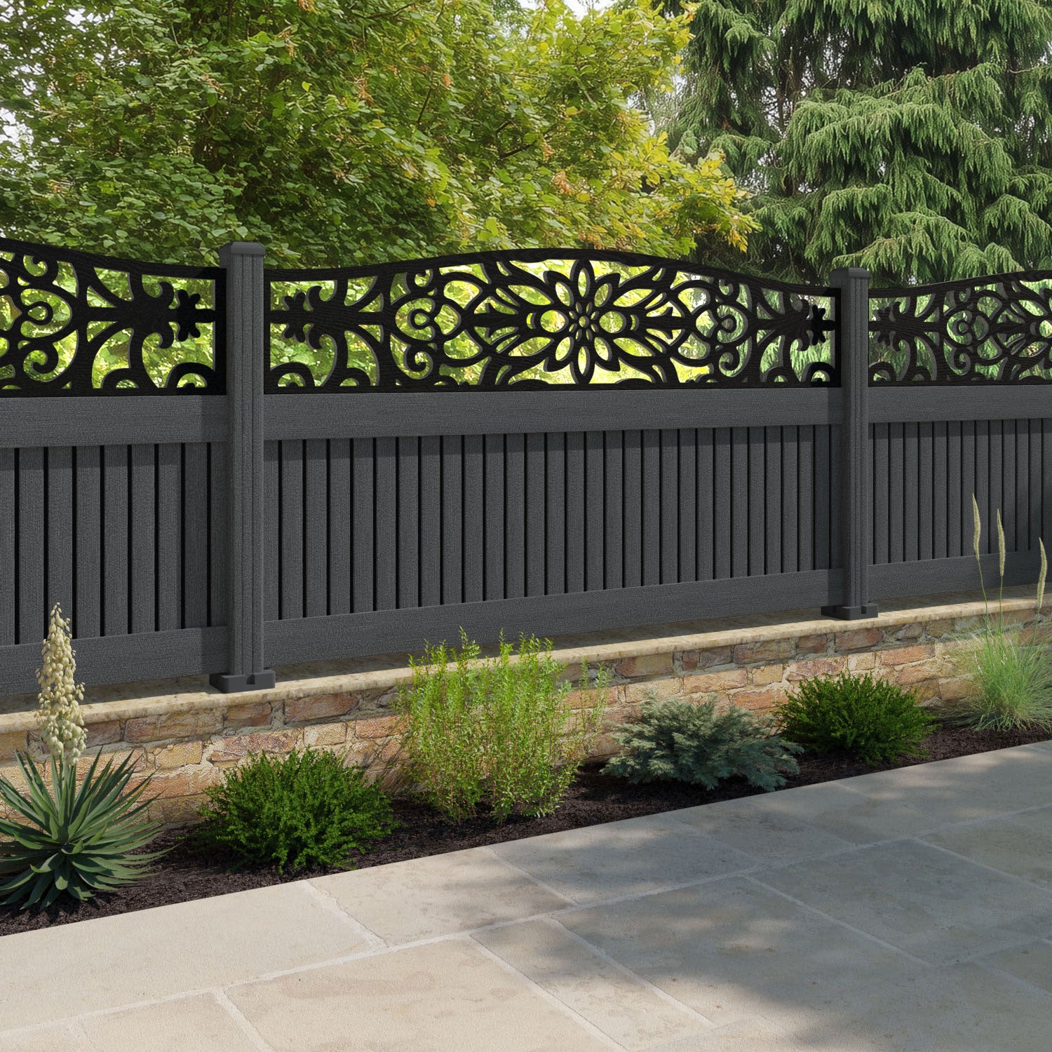 Virtis Windsor Curved Top Fence Panel - Dark Grey - with our composite posts