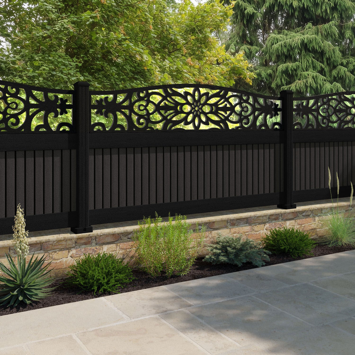 Virtis Windsor Curved Top Fence Panel - Dark Oak - with our aluminium posts