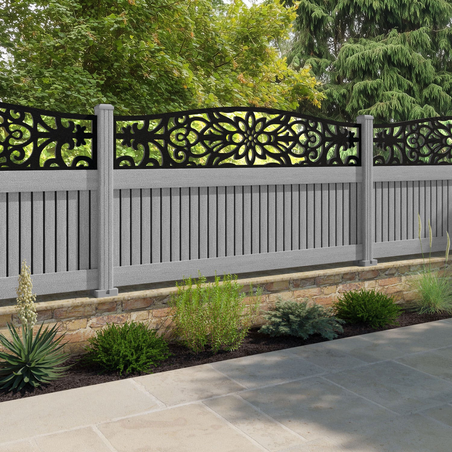 Virtis Windsor Curved Top Fence Panel - Light Grey - with our composite posts