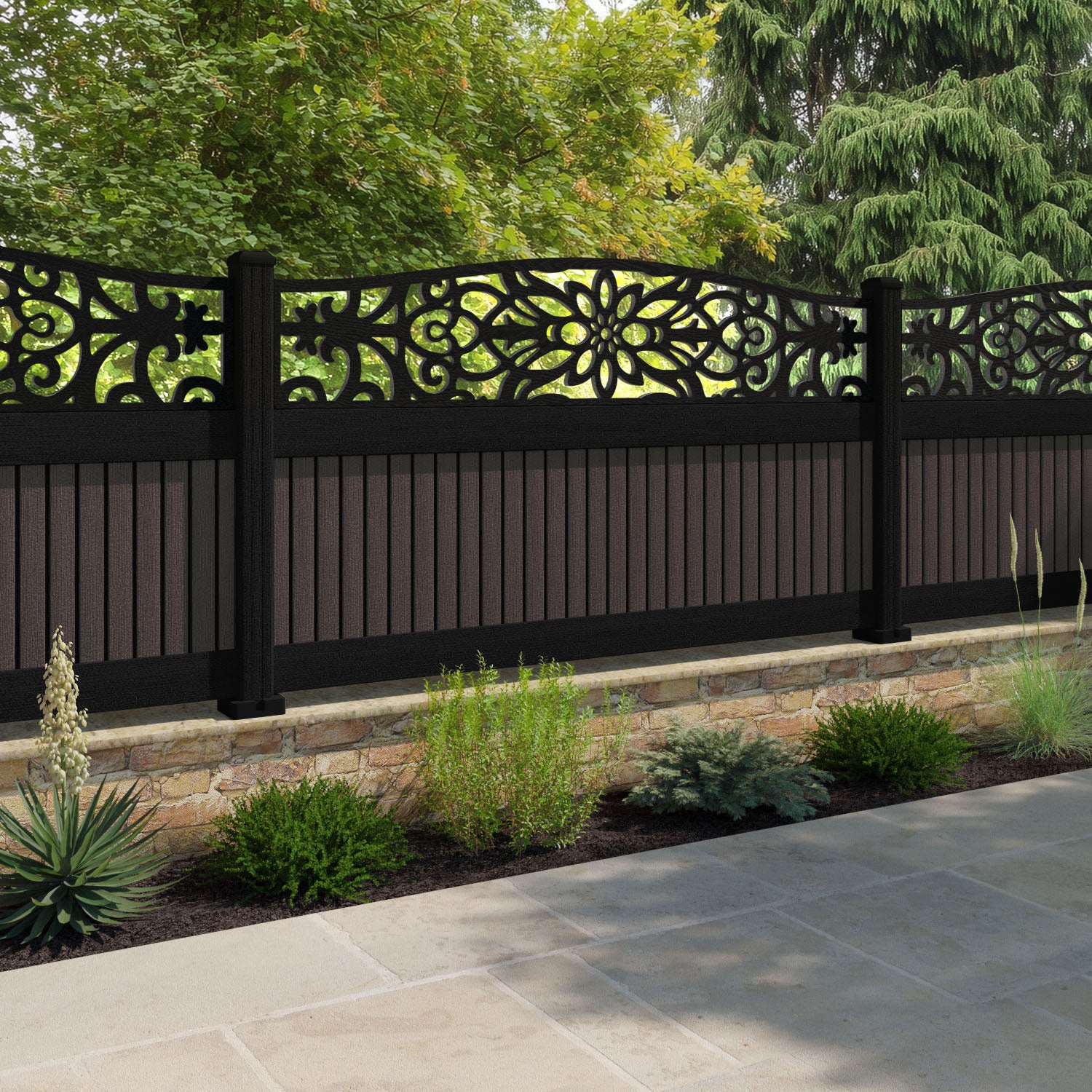 Virtis Windsor Curved Top Fence Panel - Mid Brown - with our aluminium posts