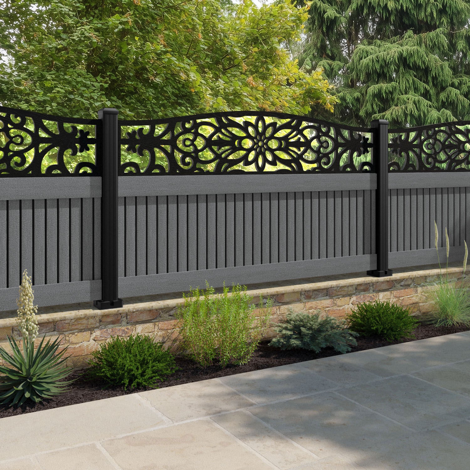 Virtis Windsor Curved Top Fence Panel - Mid Grey - with our composite posts