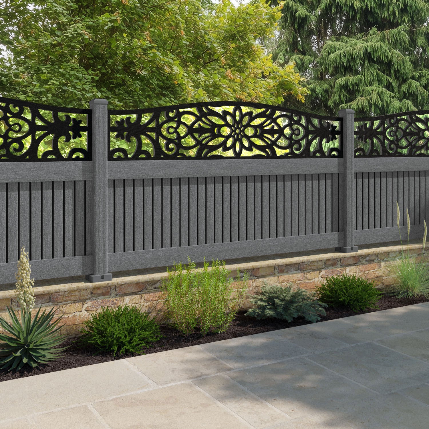 Virtis Windsor Curved Top Fence Panel - Mid Grey - with our composite posts