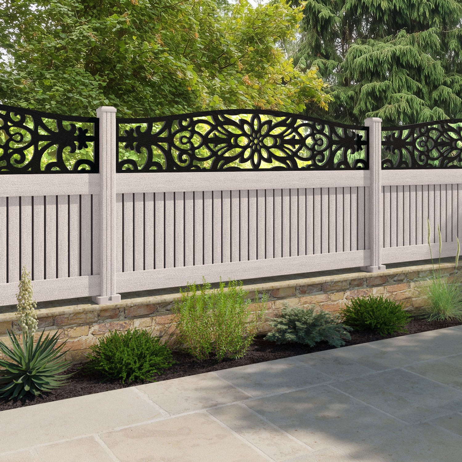 Virtis Windsor Curved Top Fence Panel - Mid Stone - with our composite posts