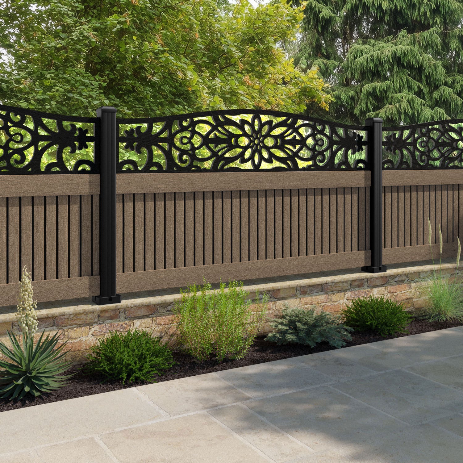 Virtis Windsor Curved Top Fence Panel - Teak - with our aluminium posts