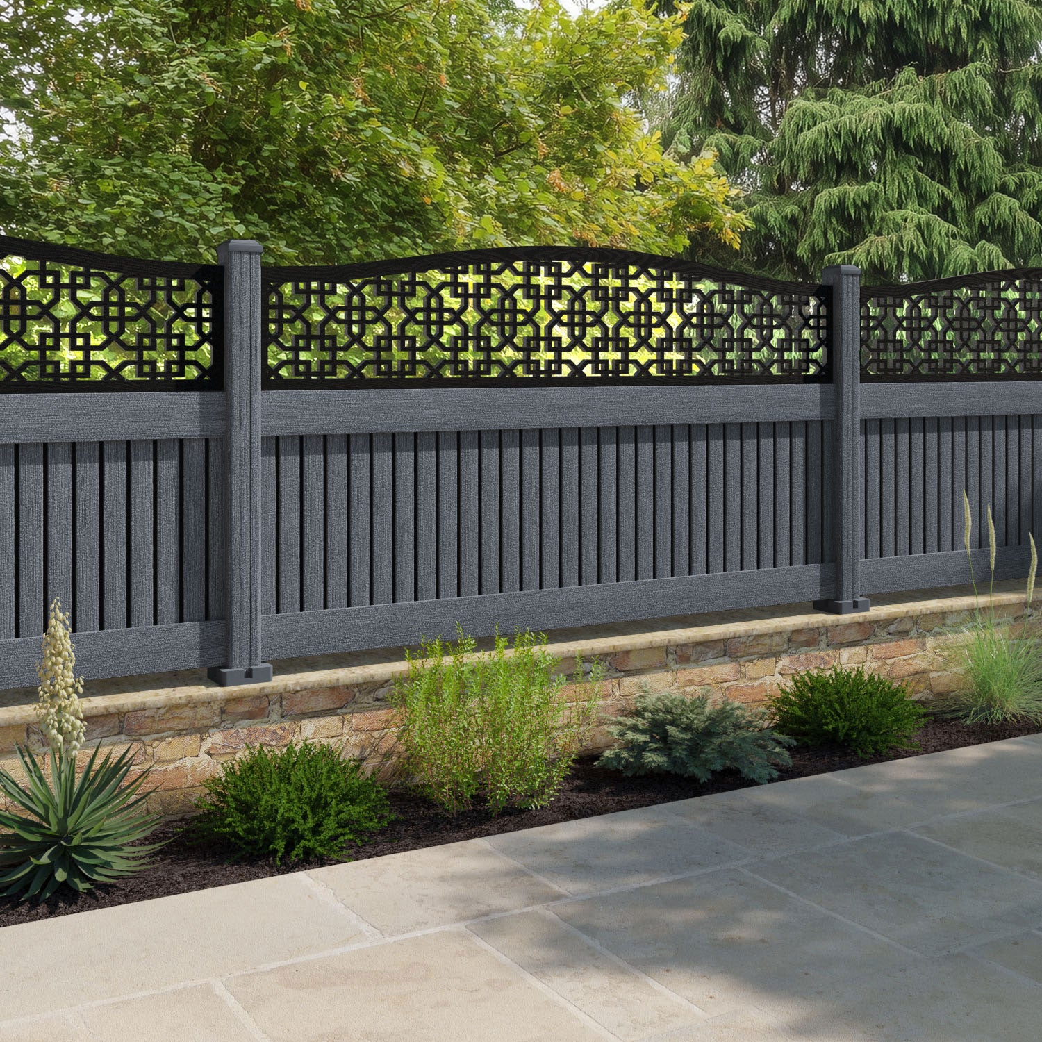 Virtis Zaria Curved Top Fence Panel - Anthracite - with our composite posts