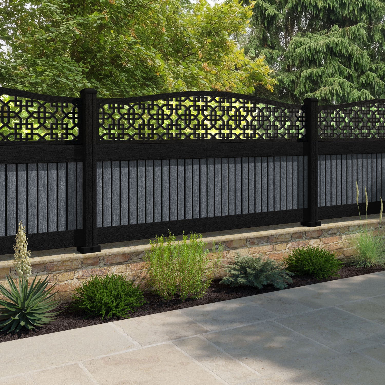 Virtis Zaria Curved Top Fence Panel - Anthracite - with our composite posts