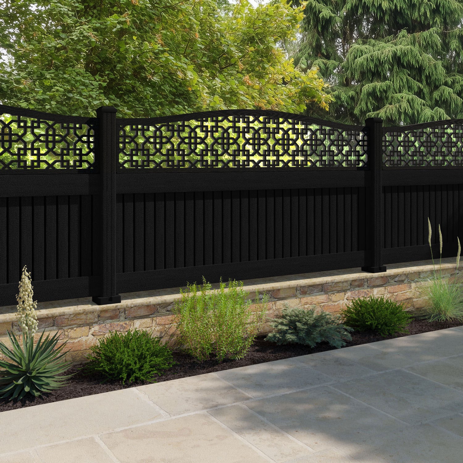 Virtis Zaria Curved Top Fence Panel - Black - with our composite posts