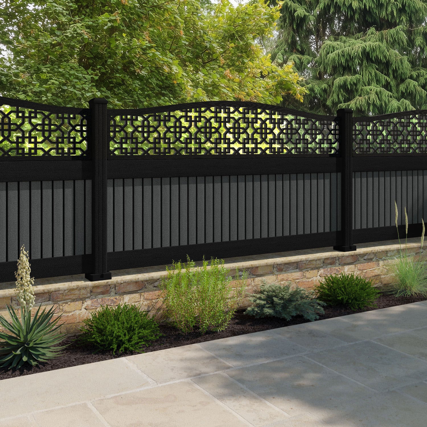 Virtis Zaria Curved Top Fence Panel - Dark Grey - with our composite posts